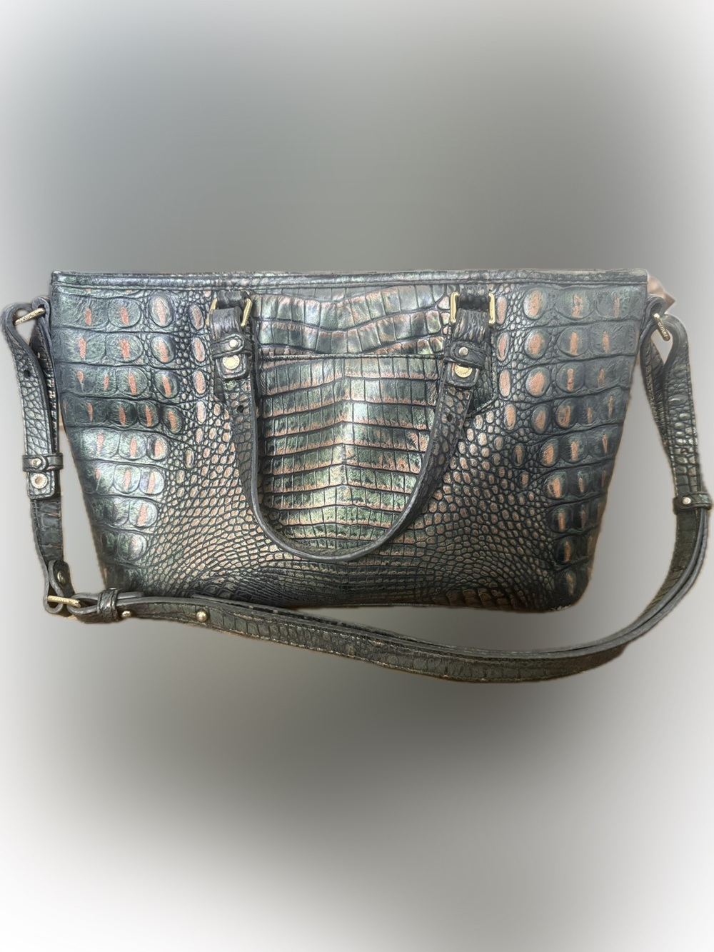 Brahmin Metallic Green Croc Embossed Leather Satchel Crossbody Purse Mini Asher - Picture 2 of 12